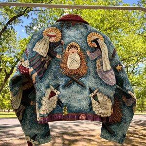 Vintage 90s Painted Pony Happy Birthday Jesus Tapestry Western Jacket Size M